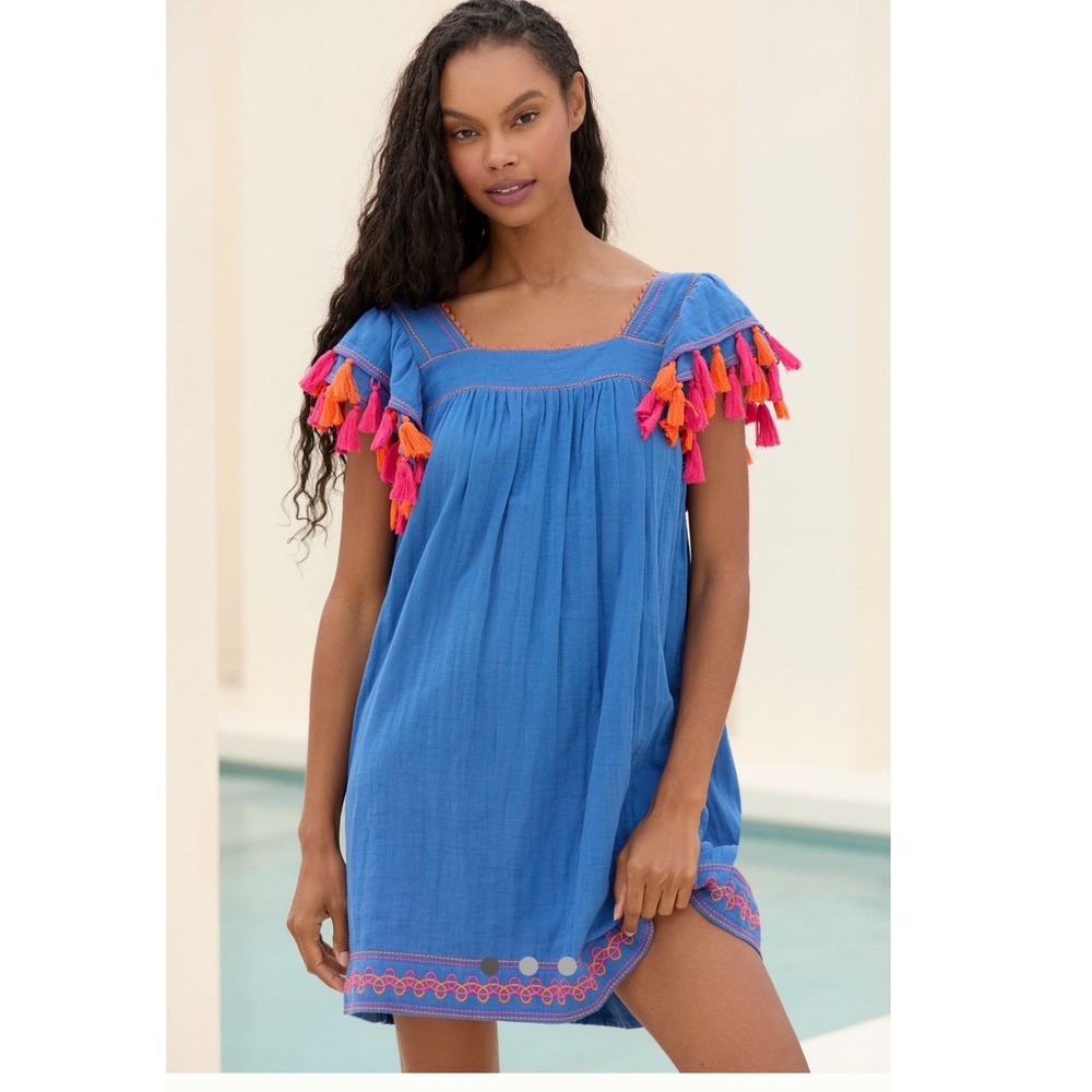 Mer St. Barth Sandrine Blue Tassel Square Neck Cotton Mini Dress Pockets